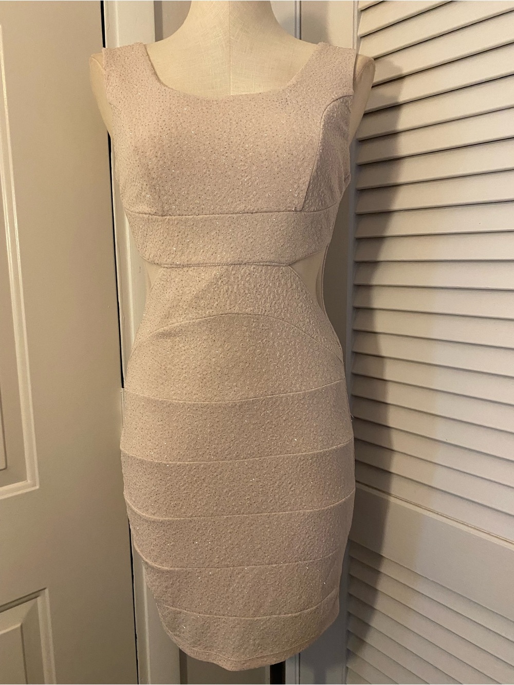 Crystal Doll Sleeveless Mini Dress in Nude- Size Medium